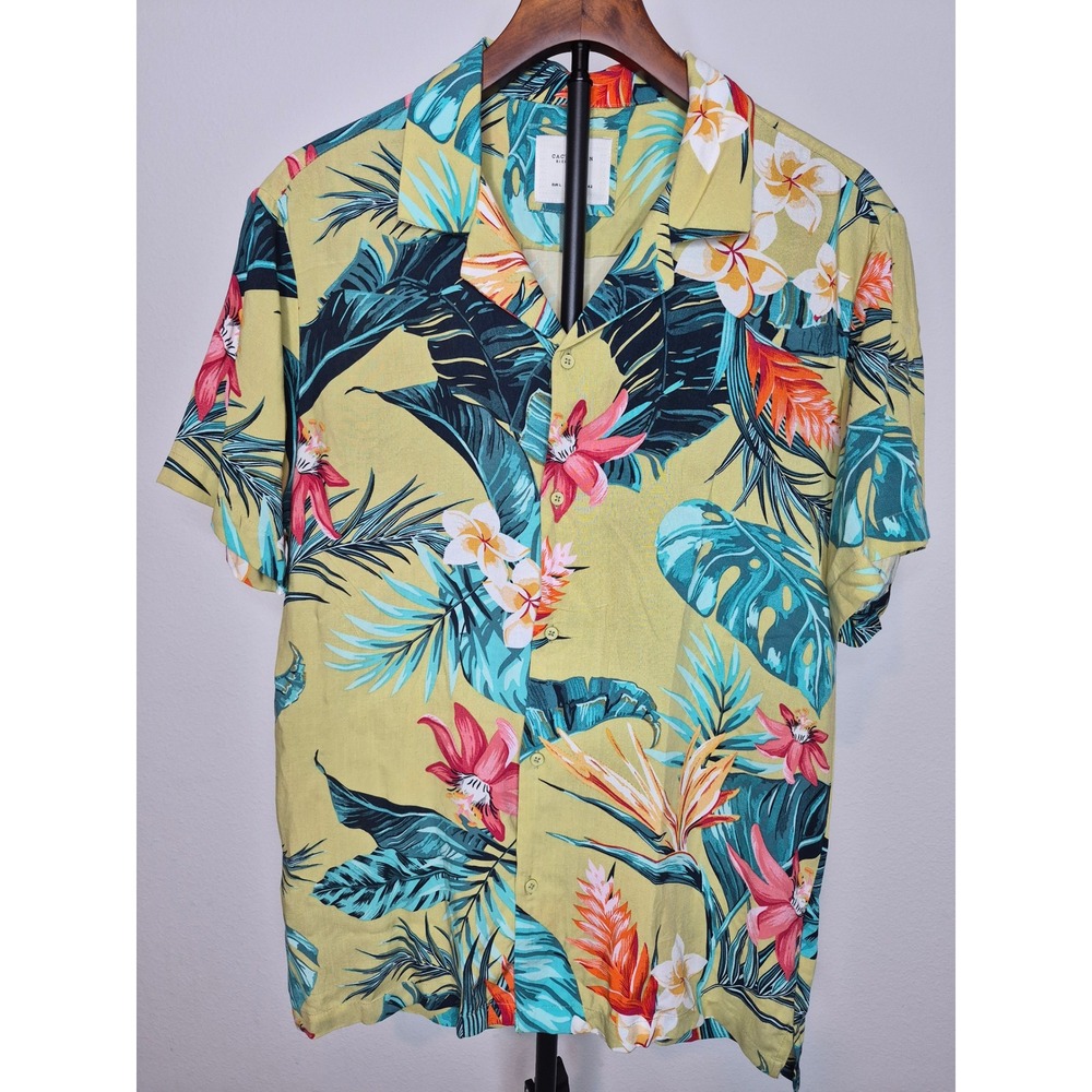 Cactus Man‎ Ricky Singh Mens Yellow Retro Tropical Floral Hawaiian Camp Shirt L